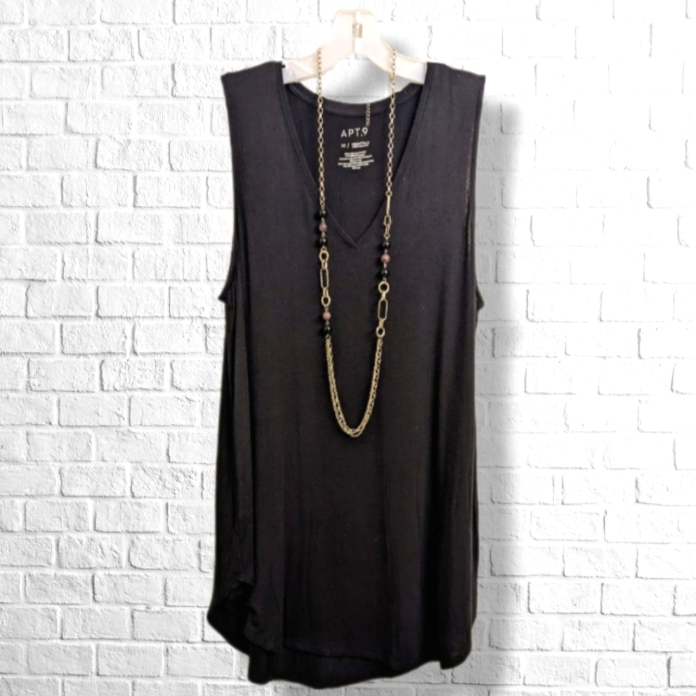 Apt 9 Long Black Swing Tank V-Neck Stretchy Hi-Low Flattering Fit Boho T11